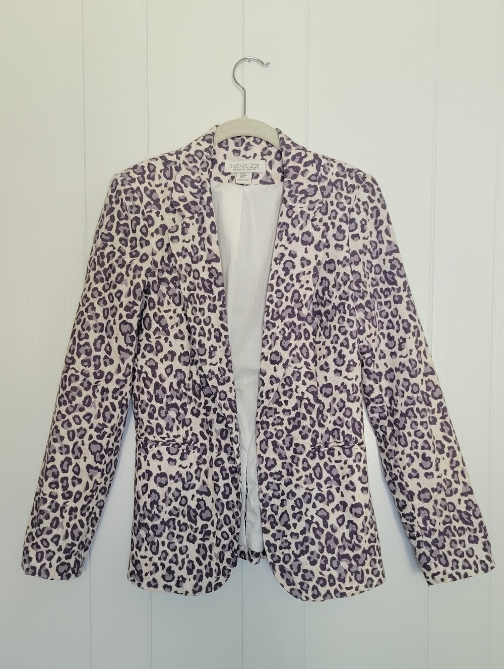 Rachel Zoe Leopard Print Blazer Jacket Linen Cotton Blend Gray White Fitted MD